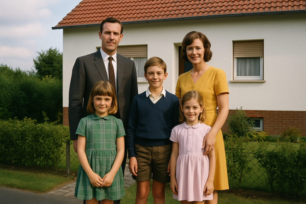 Familie vor einem Haus in den 60ern